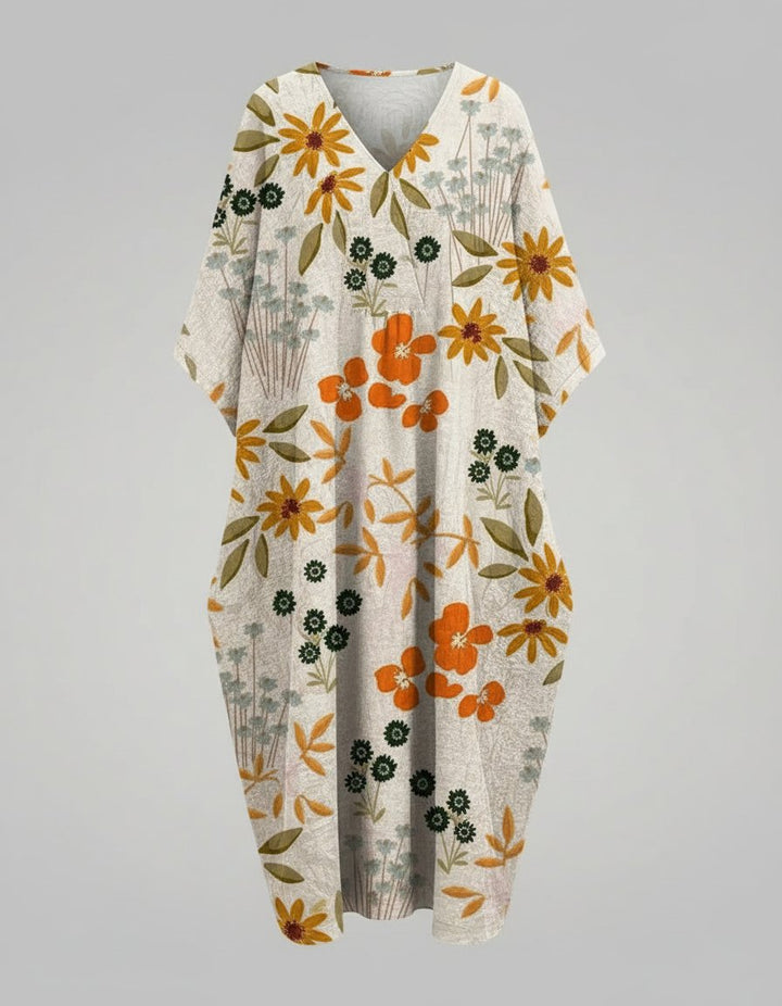Sienna | Women's Watercolour Floral Linen V-Neck Midi Dress Short Sleeves