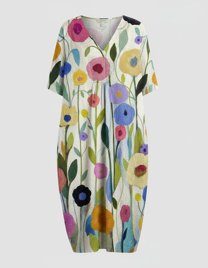 Sienna | Women's Watercolour Floral Linen V-Neck Midi Dress Short Sleeves