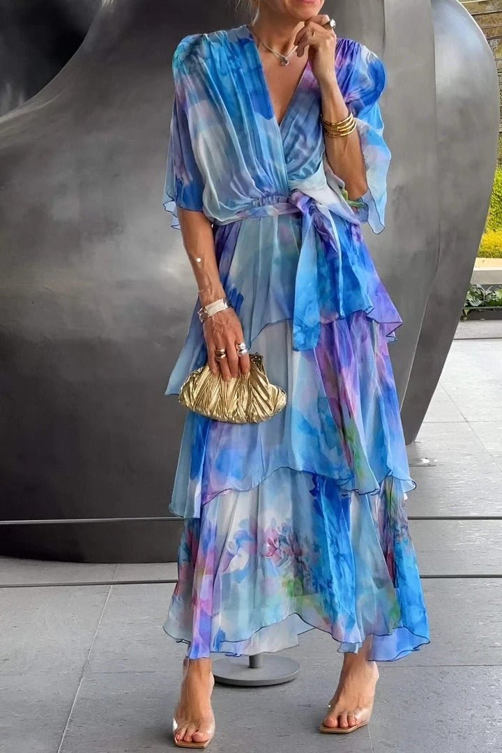 Ivy | Women's Watercolour Floral Tiered Chiffon Maxi Dress